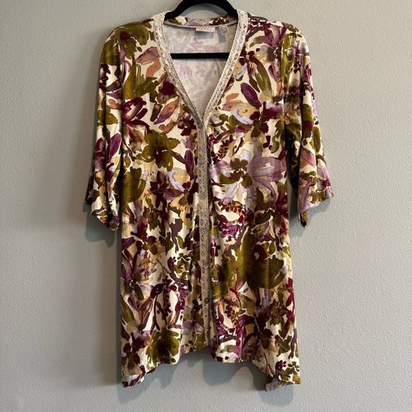 LOGO Floral Button Up Shirt V Neck Stretch Soft Comfort Casual S - Picture 1 of 8